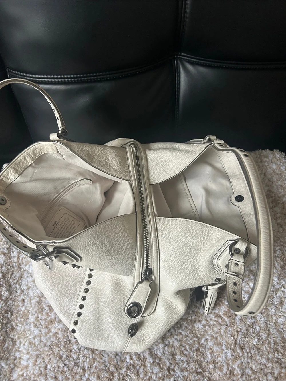 Coach Ivory Pebbled Leather Studded Shoulder Bag